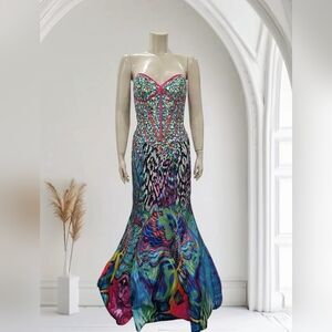 Jovani Strapless Multicolor Mermaid Gown with Pink Piping